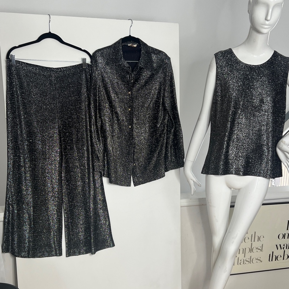 3 Piece Sz 12-14 Black Silver Lurex Wide Leg Pant Short & Long Sleeve Button Top